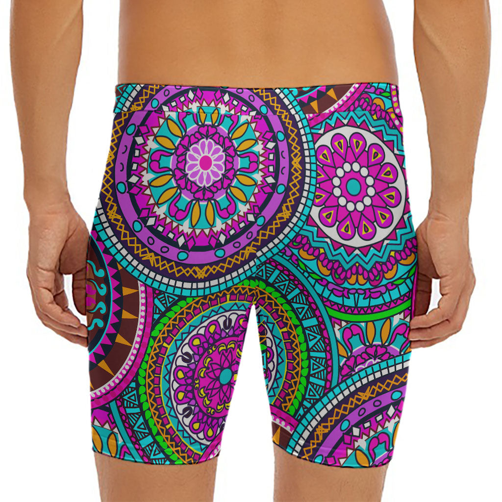 Purple Teal Circle Mandala Print Men's Long Boxer Briefs