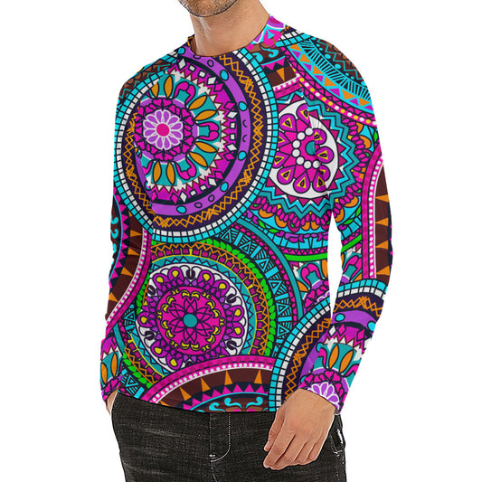 Purple Teal Circle Mandala Print Men's Long Sleeve Rash Guard