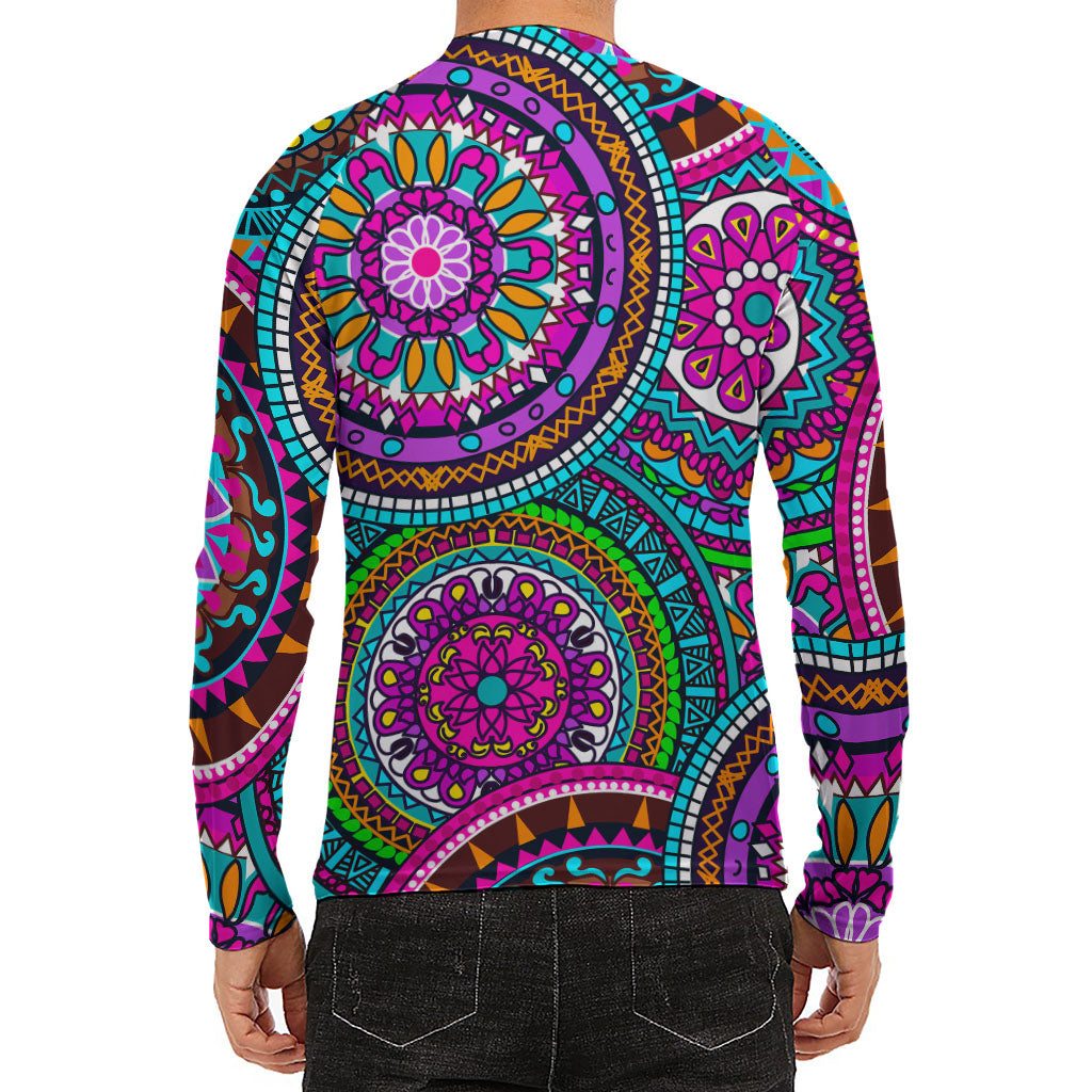 Purple Teal Circle Mandala Print Men's Long Sleeve Rash Guard
