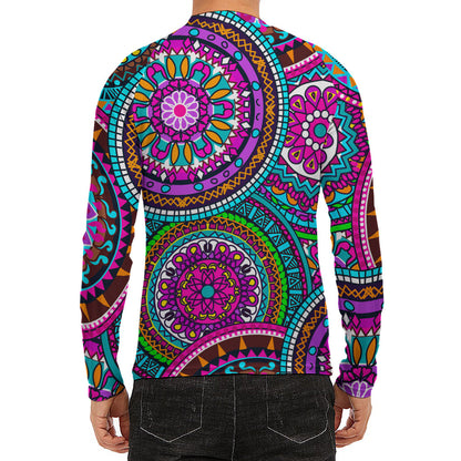 Purple Teal Circle Mandala Print Men's Long Sleeve Rash Guard