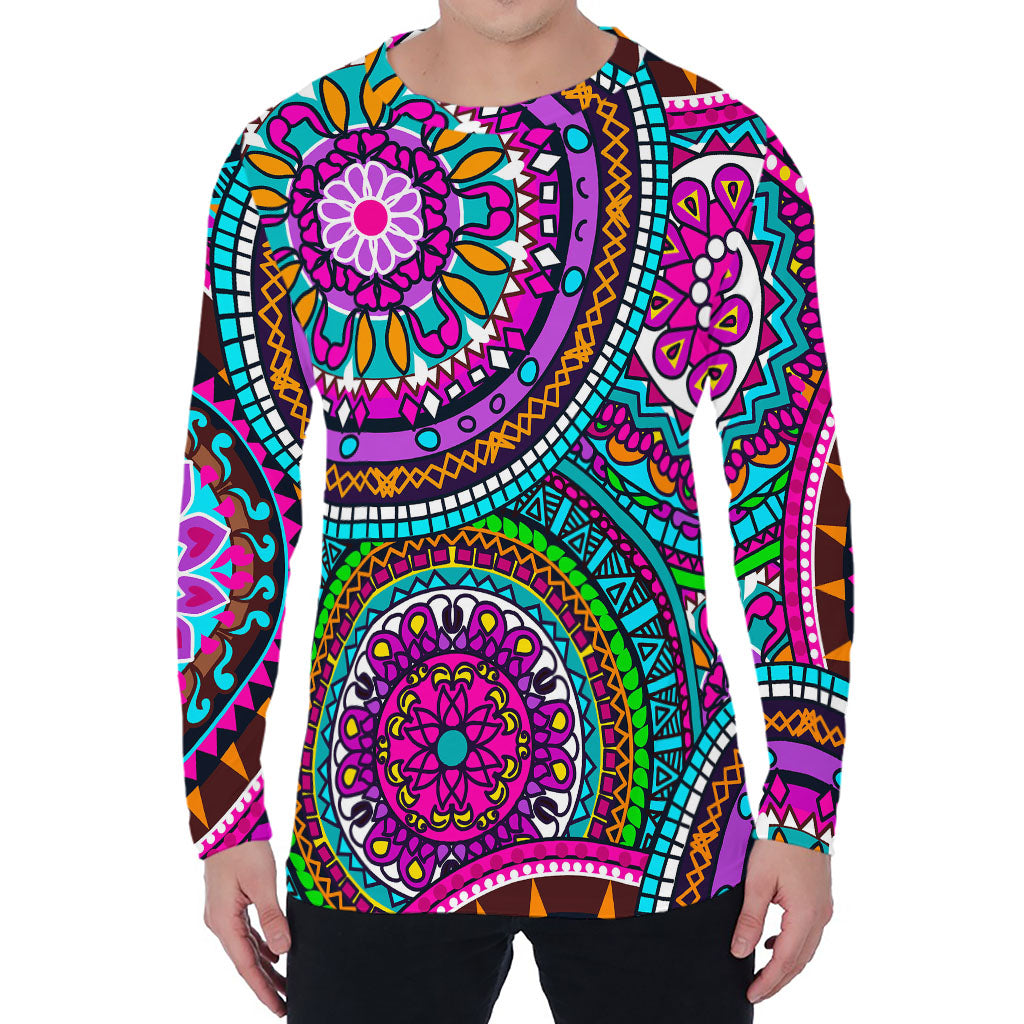 Purple Teal Circle Mandala Print Men's Long Sleeve T-Shirt