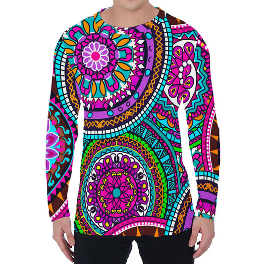 Purple Teal Circle Mandala Print Men's Long Sleeve T-Shirt