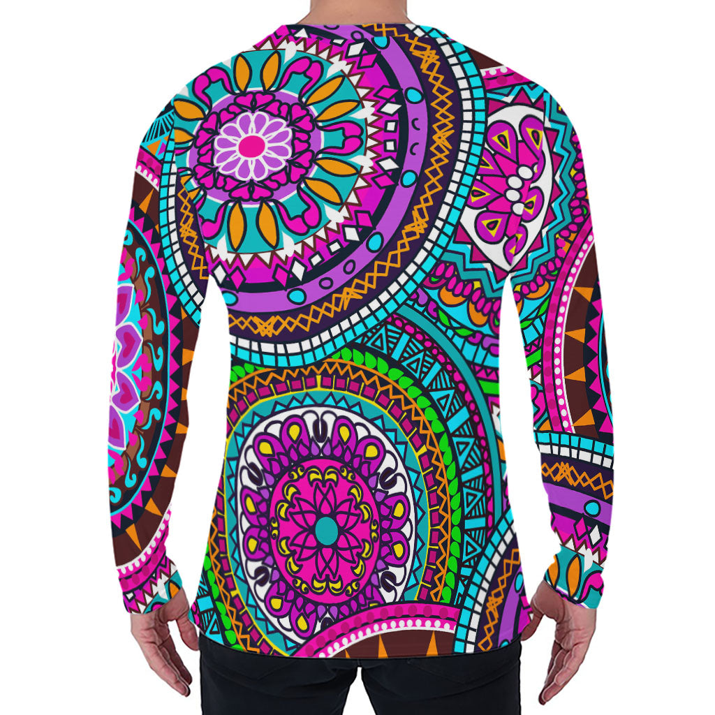 Purple Teal Circle Mandala Print Men's Long Sleeve T-Shirt