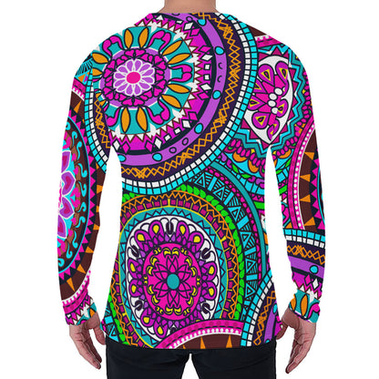 Purple Teal Circle Mandala Print Men's Long Sleeve T-Shirt