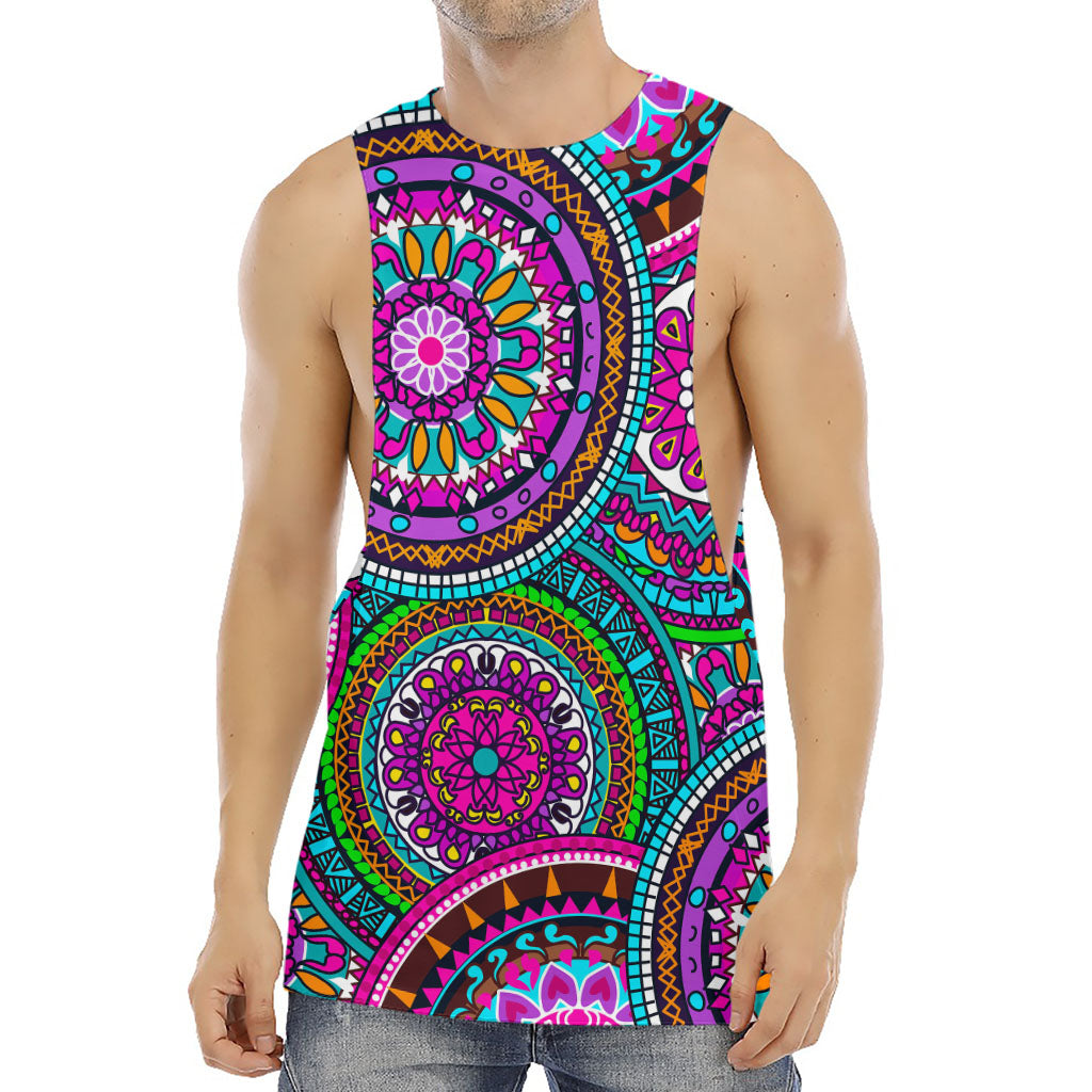 Purple Teal Circle Mandala Print Men's Muscle Tank Top