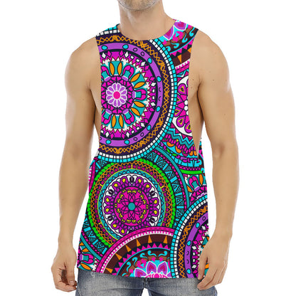 Purple Teal Circle Mandala Print Men's Muscle Tank Top