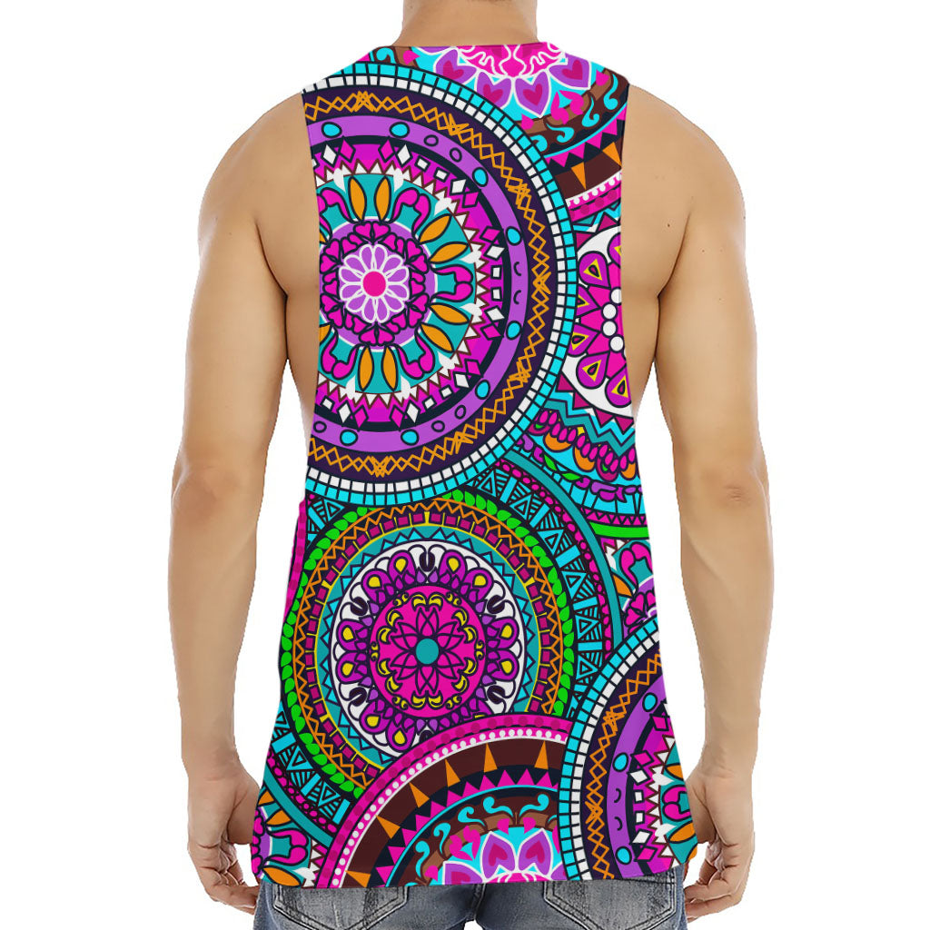 Purple Teal Circle Mandala Print Men's Muscle Tank Top
