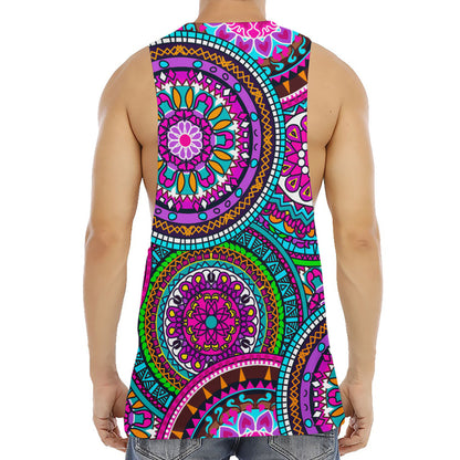 Purple Teal Circle Mandala Print Men's Muscle Tank Top