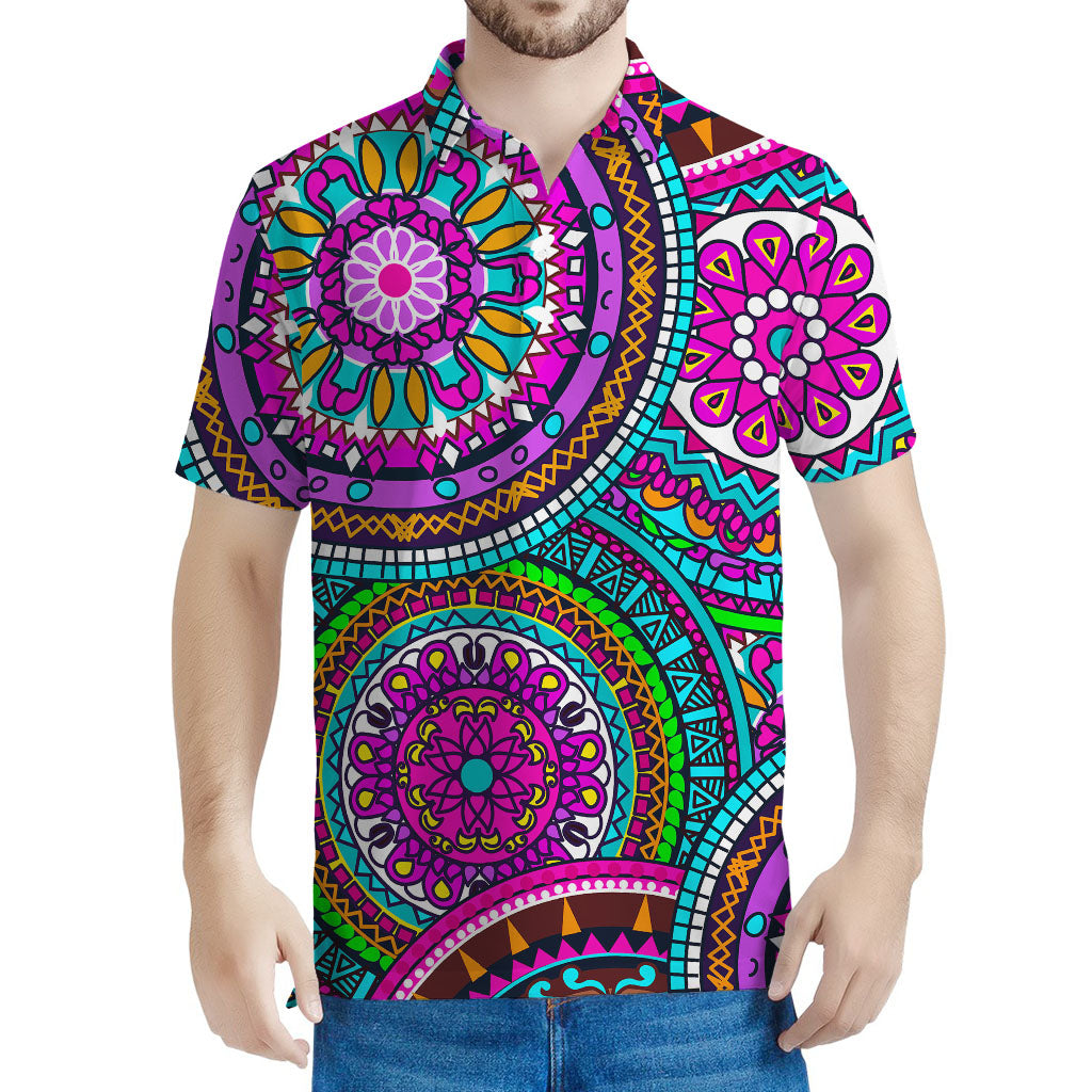 Purple Teal Circle Mandala Print Men's Polo Shirt