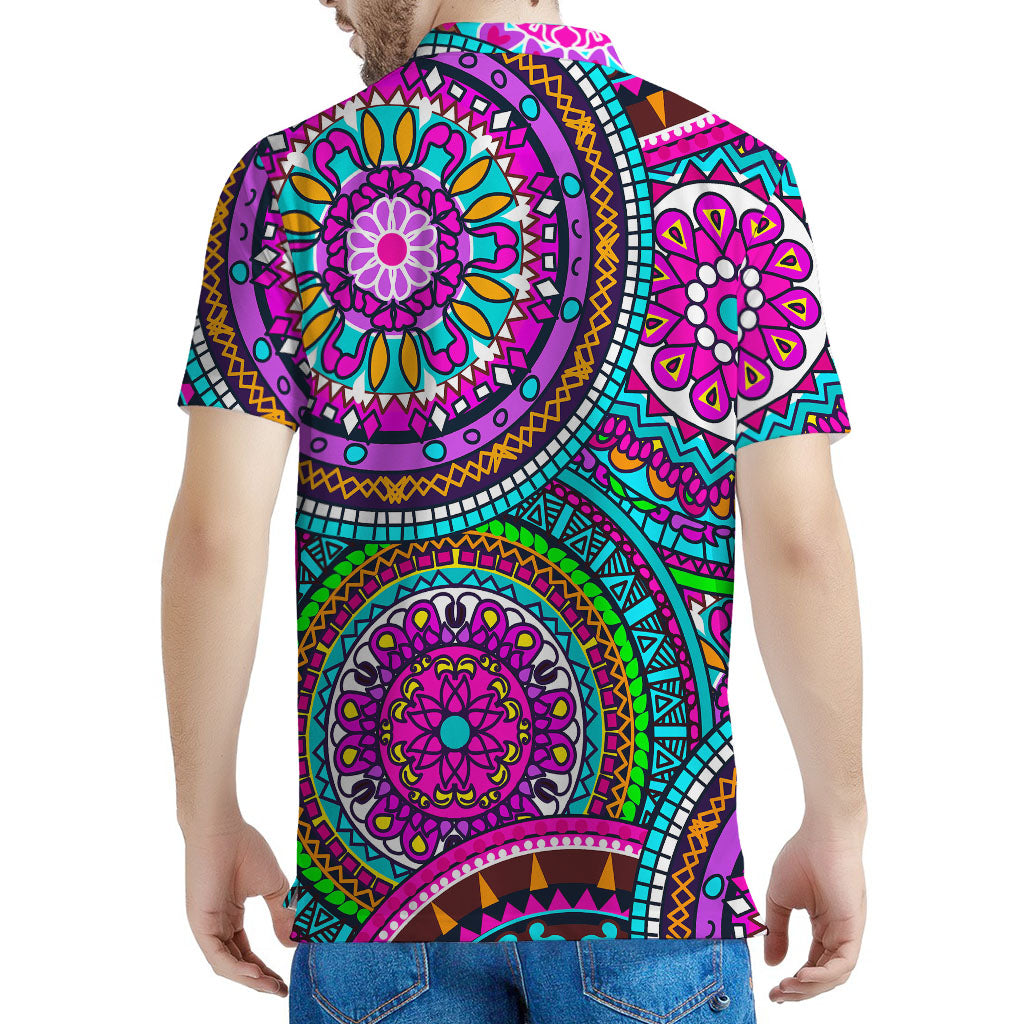Purple Teal Circle Mandala Print Men's Polo Shirt