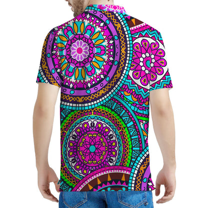 Purple Teal Circle Mandala Print Men's Polo Shirt