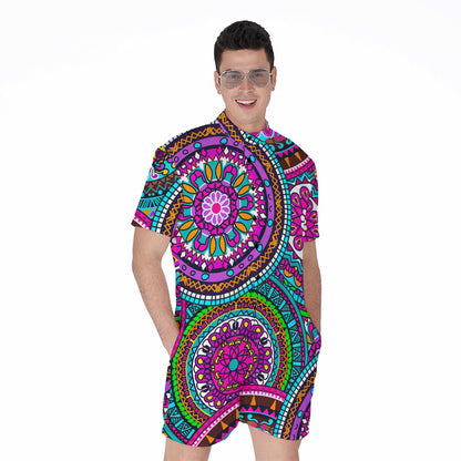 Purple Teal Circle Mandala Print Men's Rompers