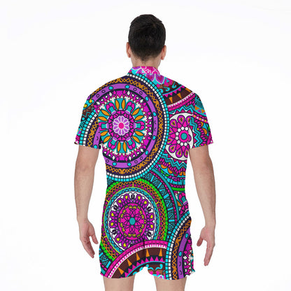 Purple Teal Circle Mandala Print Men's Rompers