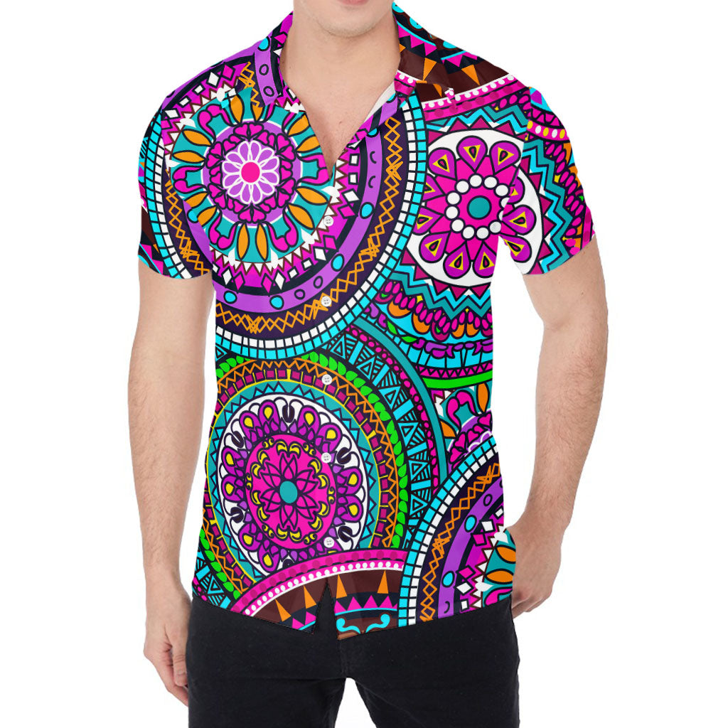 Purple Teal Circle Mandala Print Men's Shirt