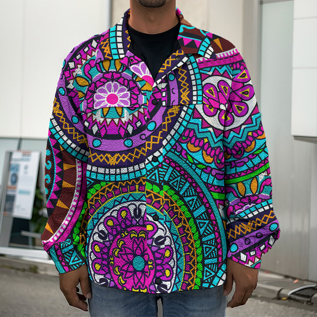 Purple Teal Circle Mandala Print Men's Shirt Jacket