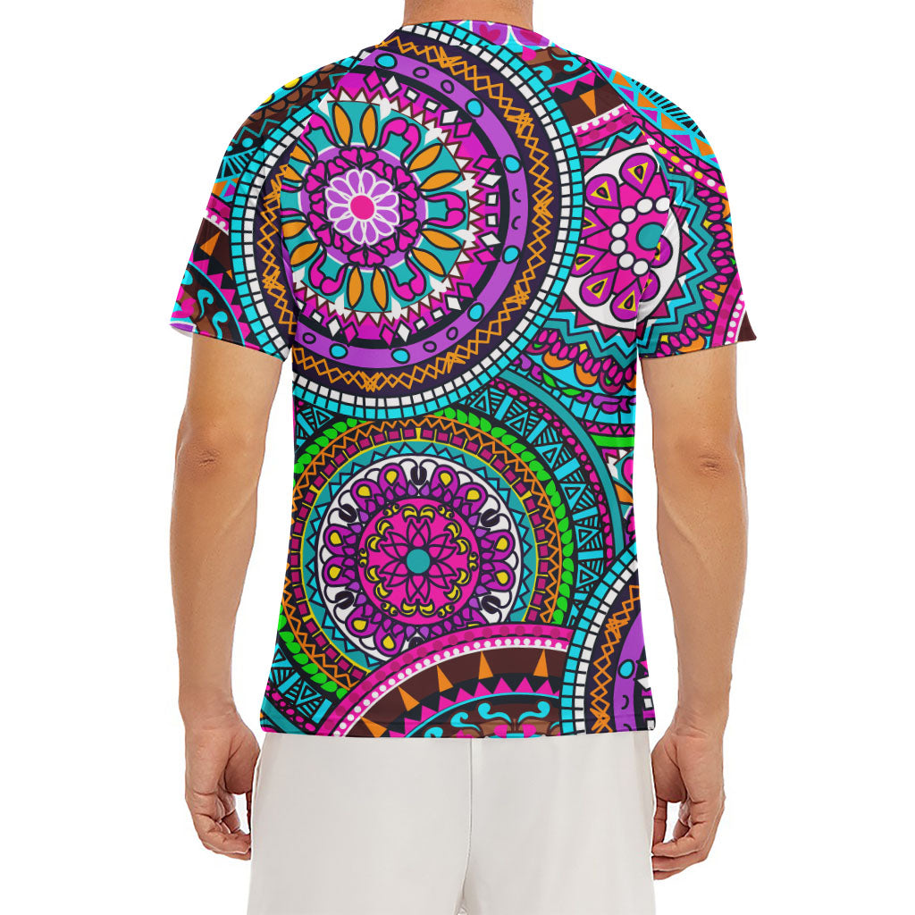 Purple Teal Circle Mandala Print Men's Short Sleeve Rash Guard