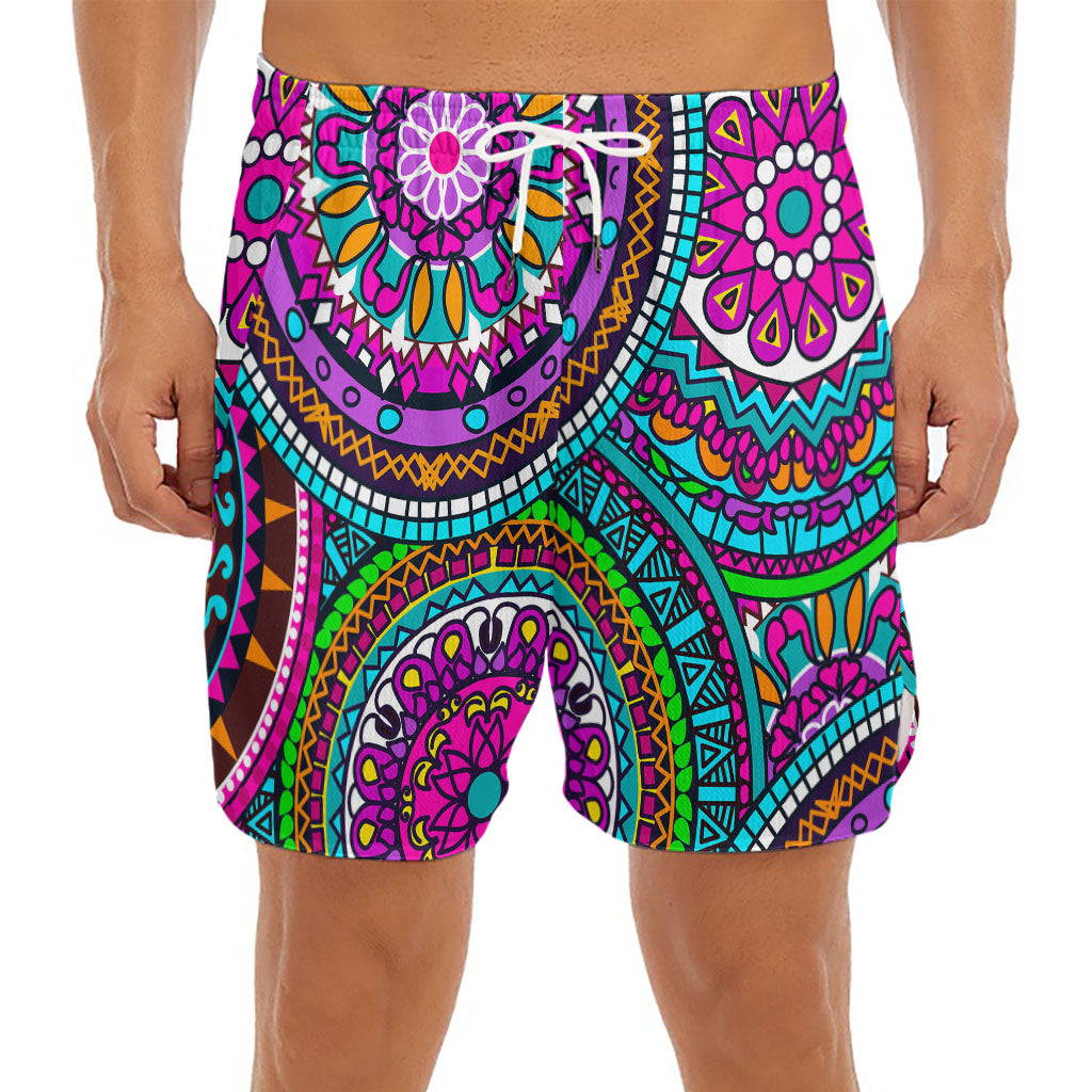 Purple Teal Circle Mandala Print Men's Split Running Shorts