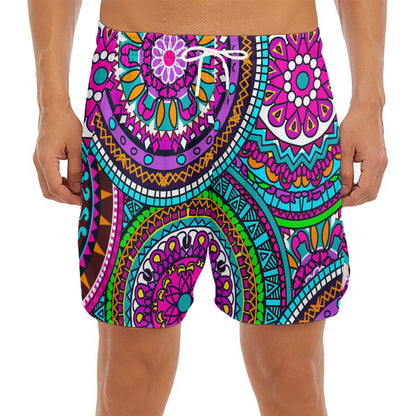 Purple Teal Circle Mandala Print Men's Split Running Shorts