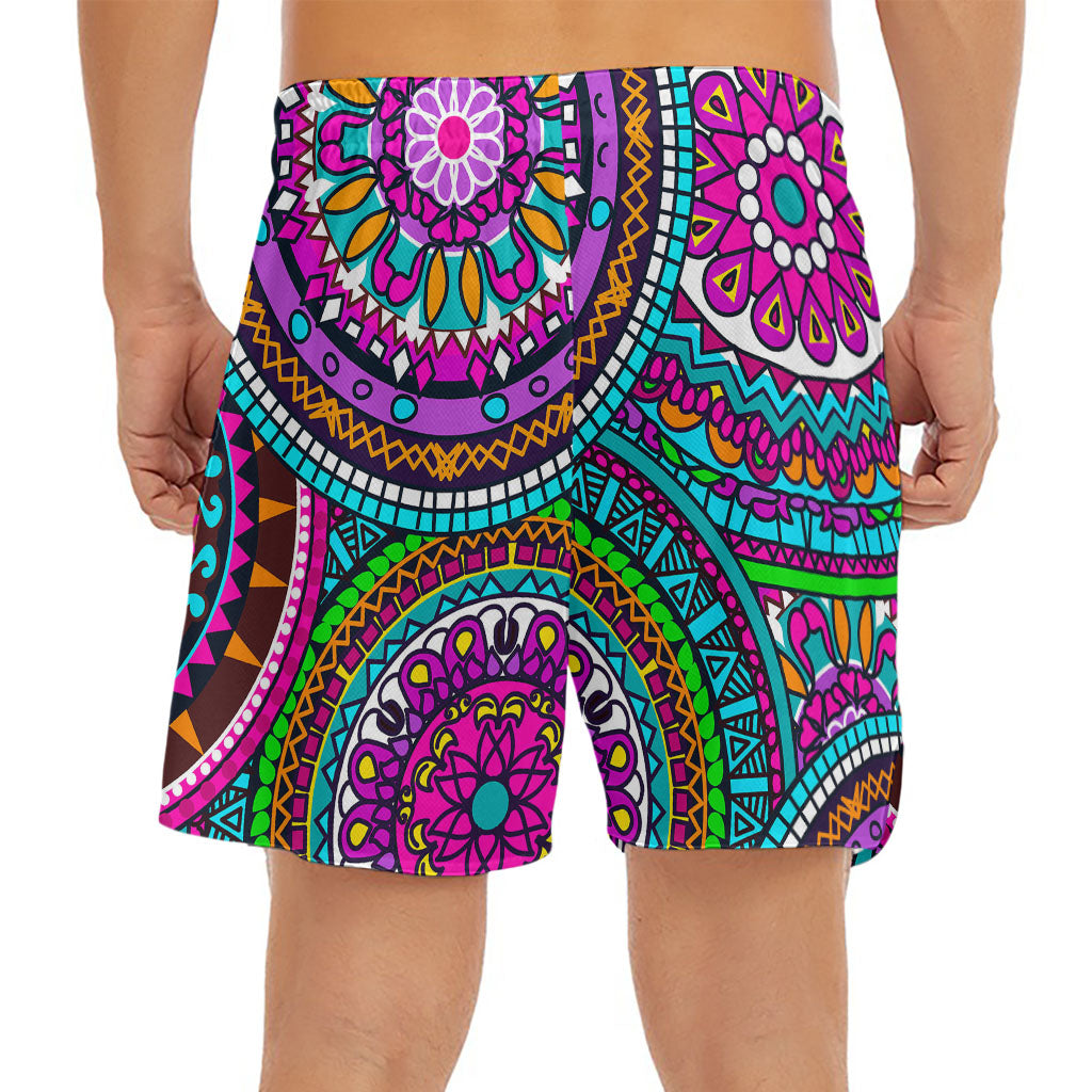 Purple Teal Circle Mandala Print Men's Split Running Shorts