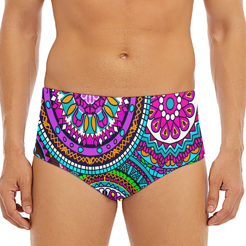 Purple Teal Circle Mandala Print Men's Triangle Swim Briefs