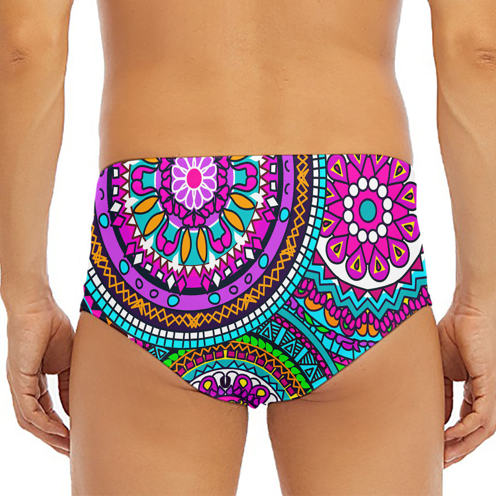 Purple Teal Circle Mandala Print Men's Triangle Swim Briefs