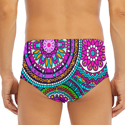 Purple Teal Circle Mandala Print Men's Triangle Swim Briefs