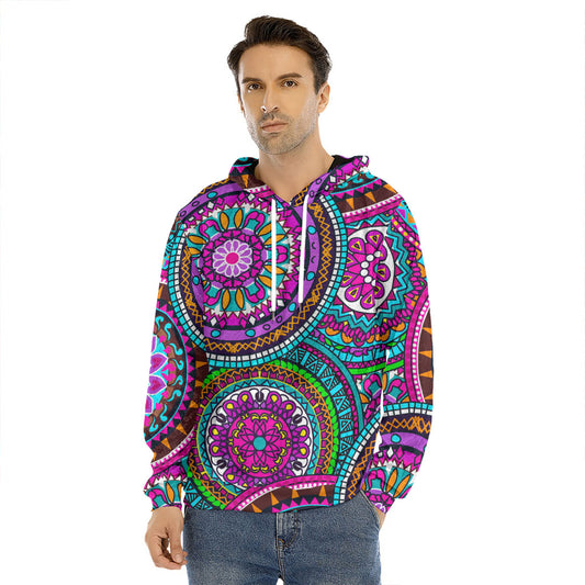 Purple Teal Circle Mandala Print Men's Velvet Pullover Hoodie