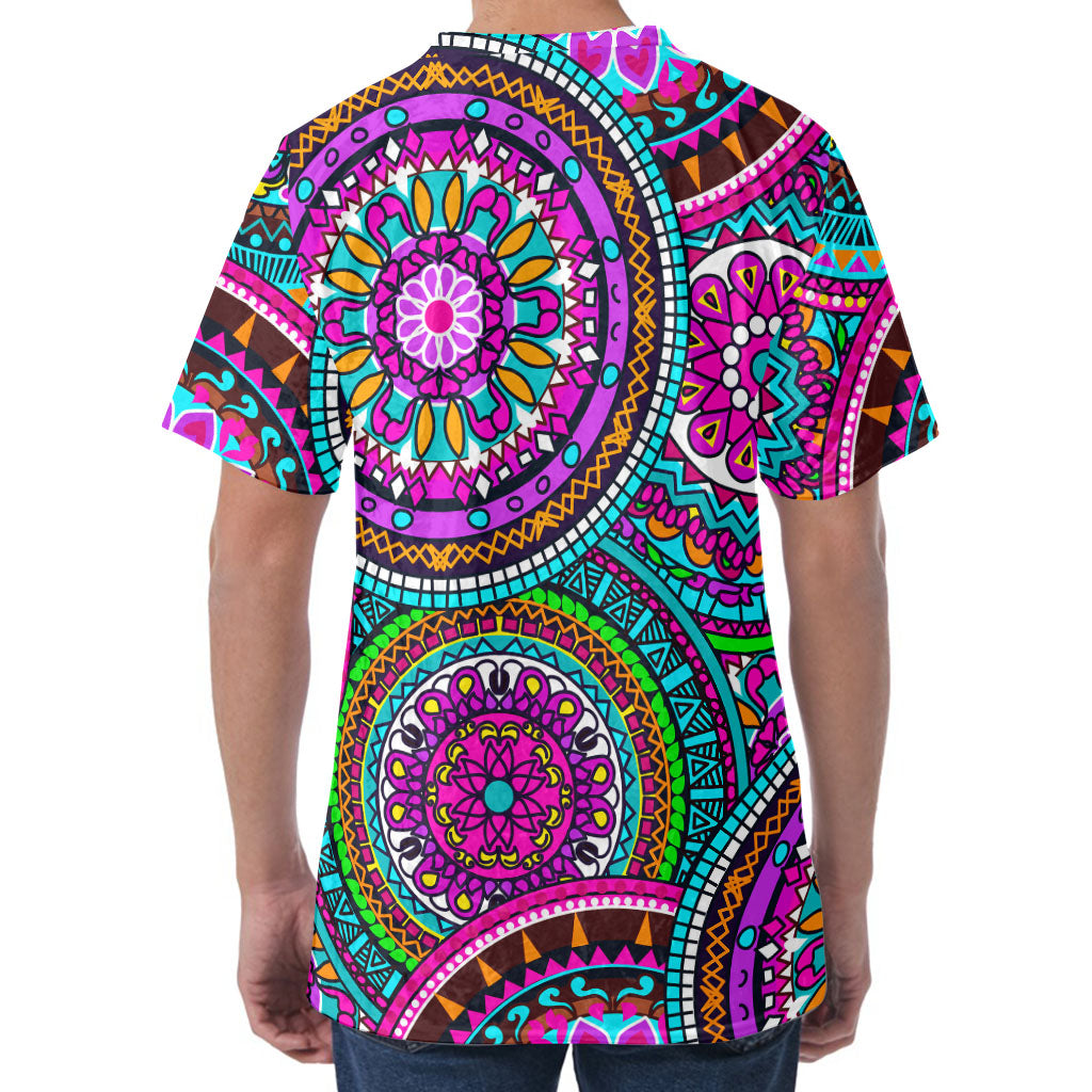 Purple Teal Circle Mandala Print Men's Velvet T-Shirt