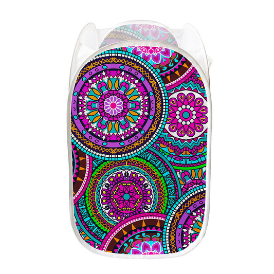 Purple Teal Circle Mandala Print Mesh Laundry Hamper