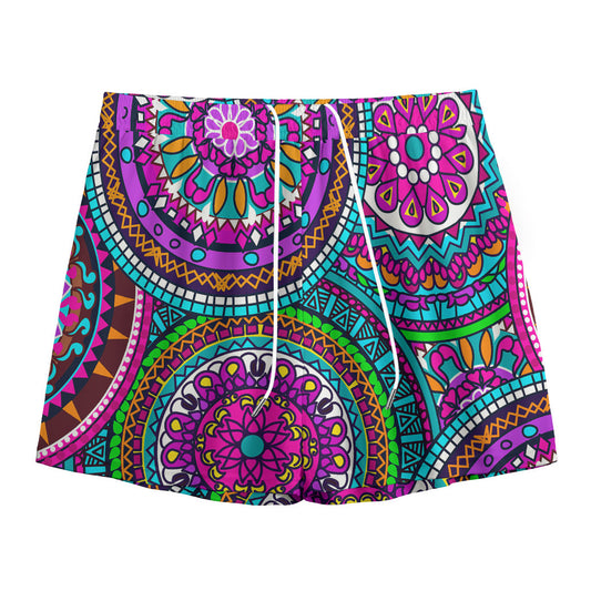 Purple Teal Circle Mandala Print Mesh Shorts