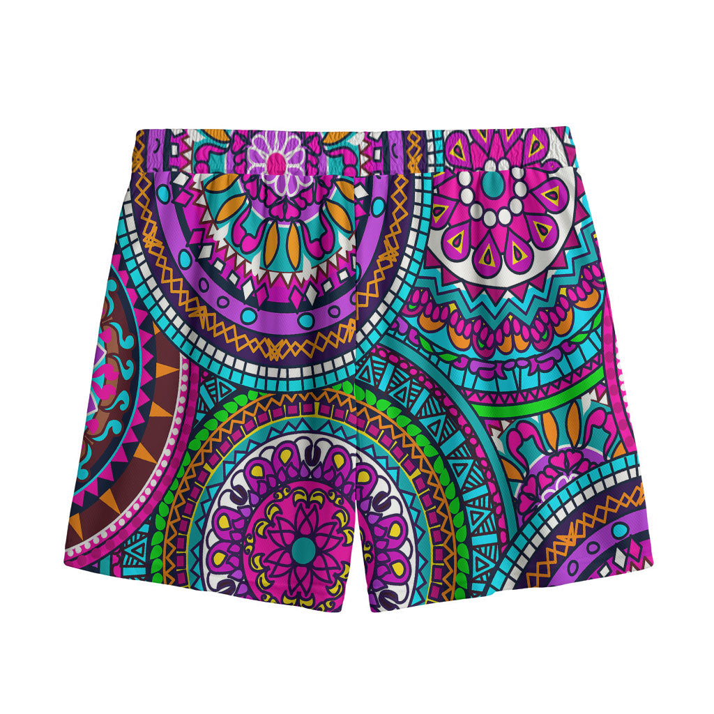 Purple Teal Circle Mandala Print Mesh Shorts