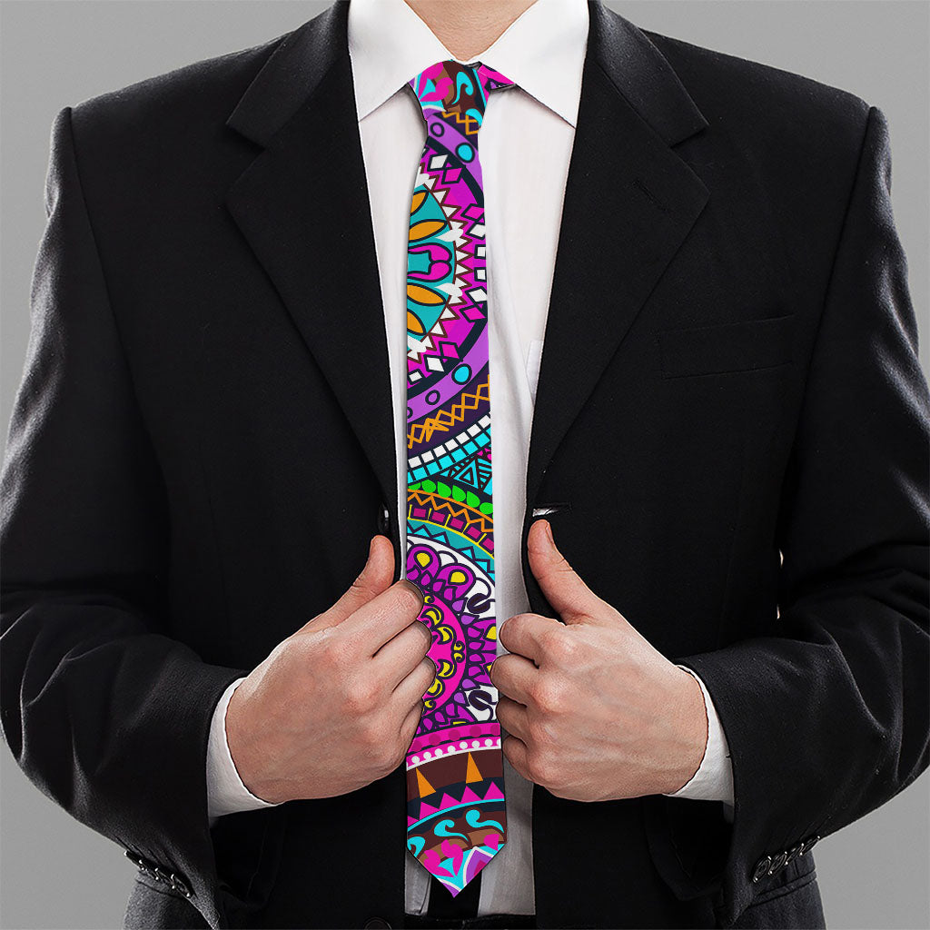 Purple Teal Circle Mandala Print Necktie