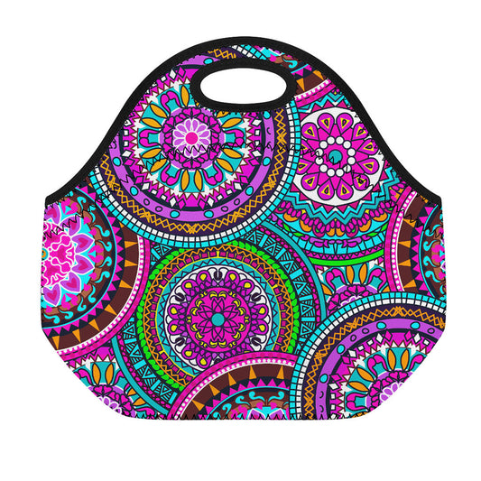 Purple Teal Circle Mandala Print Neoprene Lunch Bag