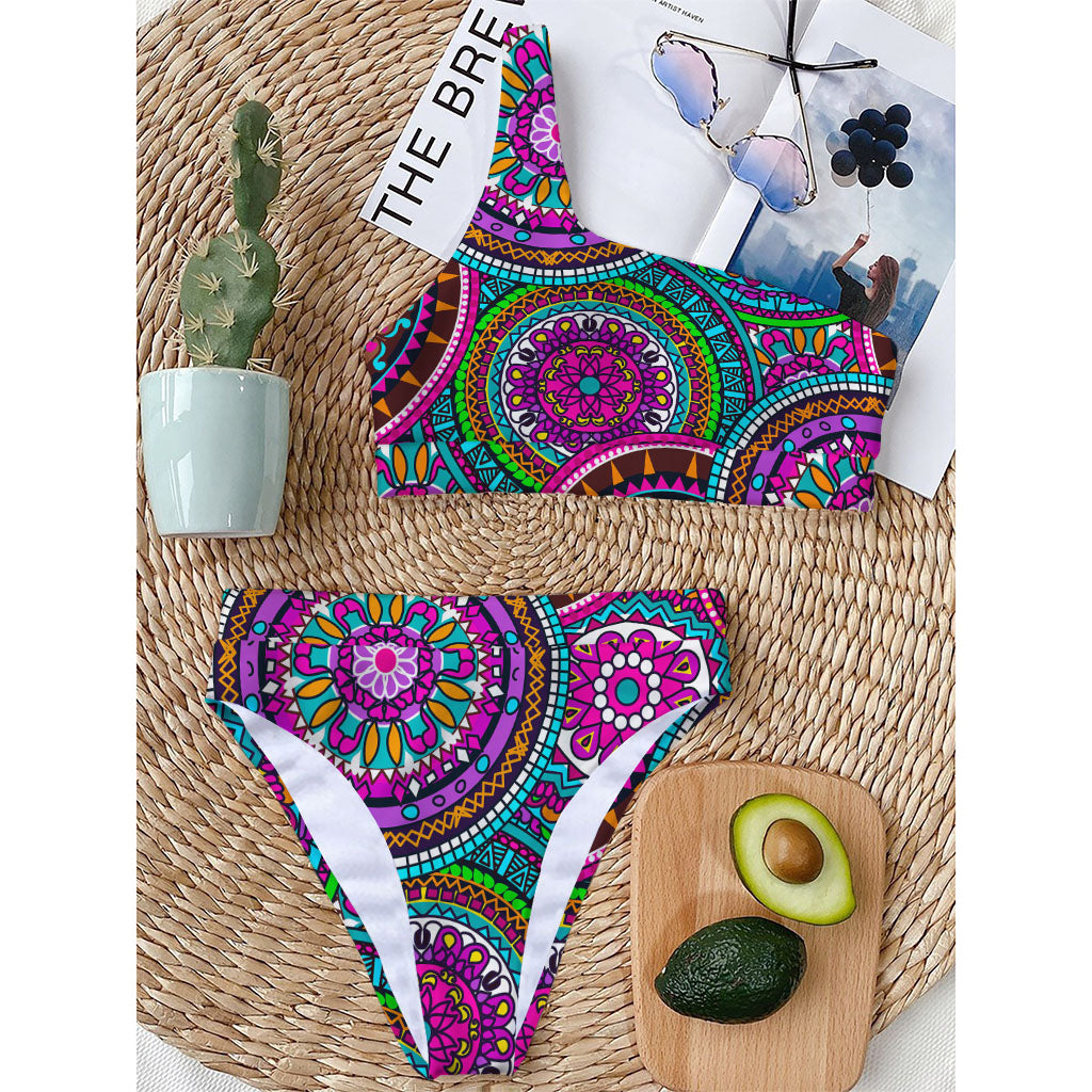 Purple Teal Circle Mandala Print One Shoulder Bikini Top