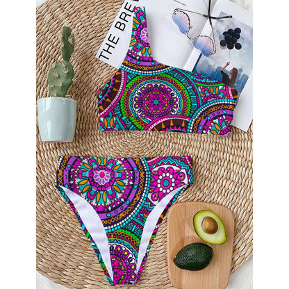 Purple Teal Circle Mandala Print One Shoulder Bikini Top