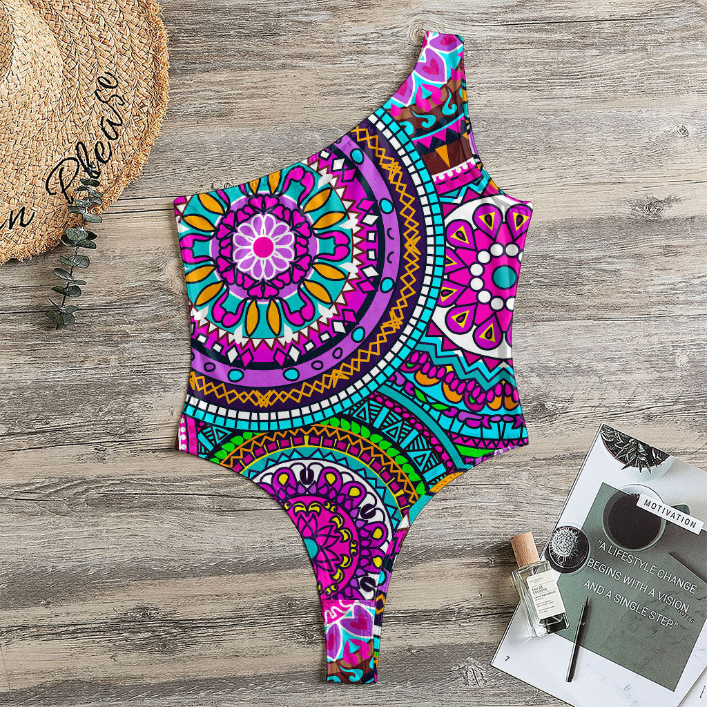 Purple Teal Circle Mandala Print One Shoulder Bodysuit