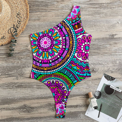 Purple Teal Circle Mandala Print One Shoulder Bodysuit