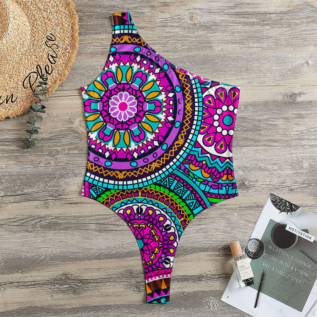 Purple Teal Circle Mandala Print One Shoulder Bodysuit
