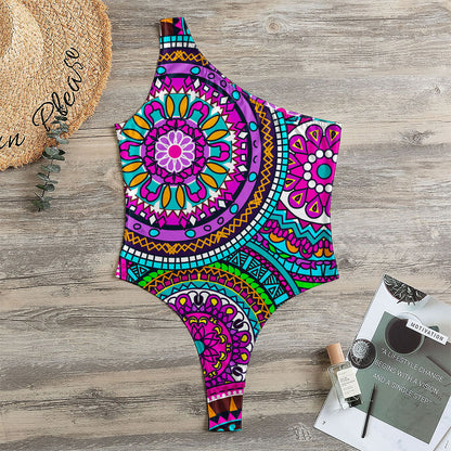 Purple Teal Circle Mandala Print One Shoulder Bodysuit