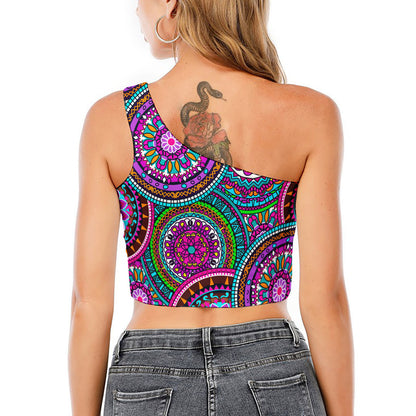 Purple Teal Circle Mandala Print One Shoulder Crop Top