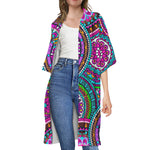 Purple Teal Circle Mandala Print Open Front Beach Cover Up