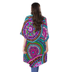 Purple Teal Circle Mandala Print Open Front Beach Cover Up