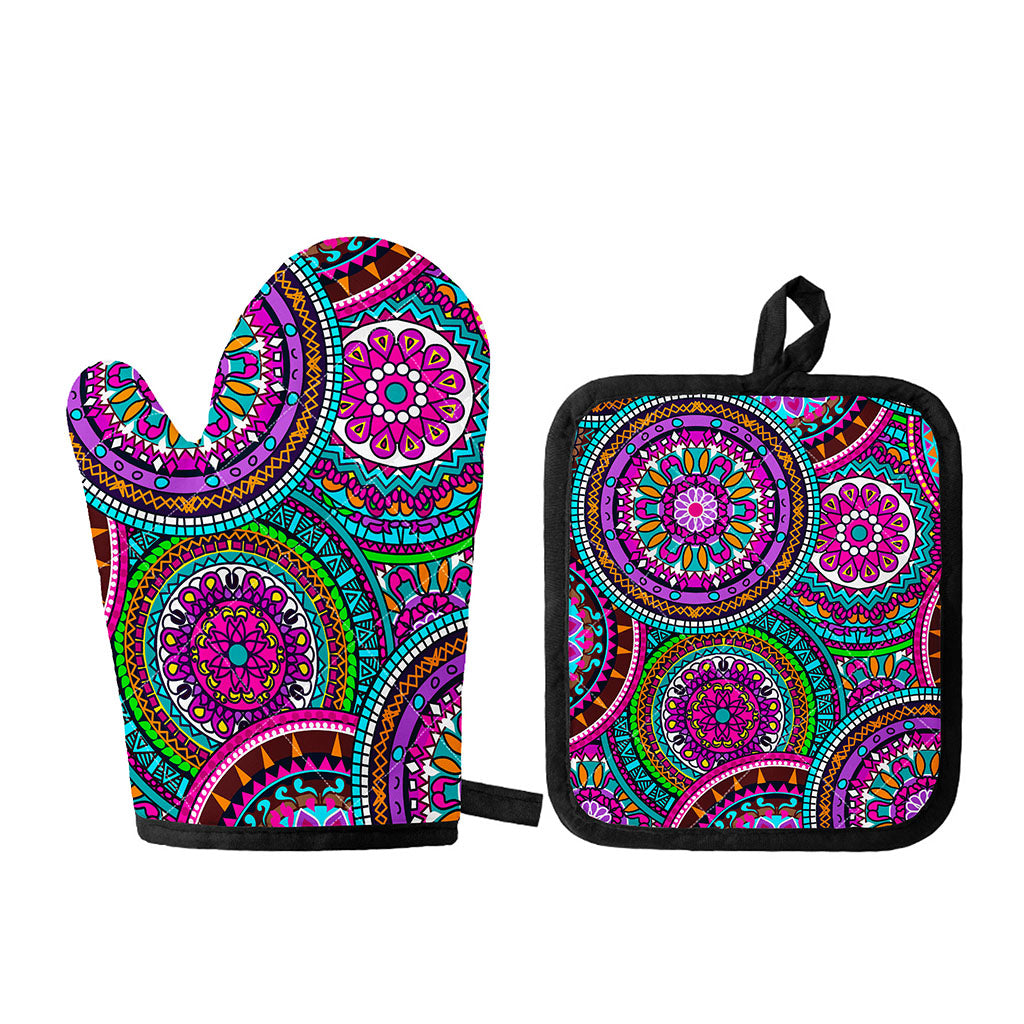 Purple Teal Circle Mandala Print Oven Mitt And Pot Holder Set