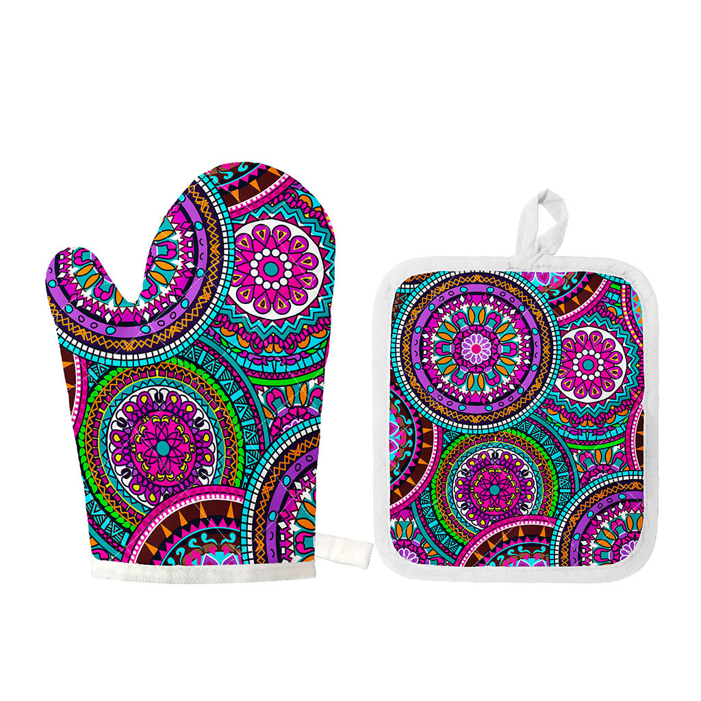 Purple Teal Circle Mandala Print Oven Mitt And Pot Holder Set