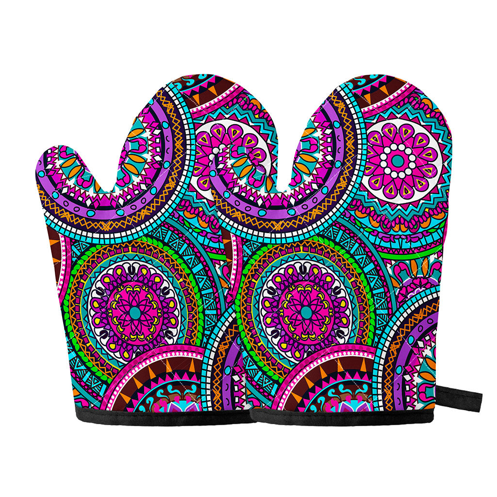 Purple Teal Circle Mandala Print Oven Mitts