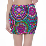 Purple Teal Circle Mandala Print Pencil Mini Skirt