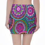 Purple Teal Circle Mandala Print Pencil Mini Skirt