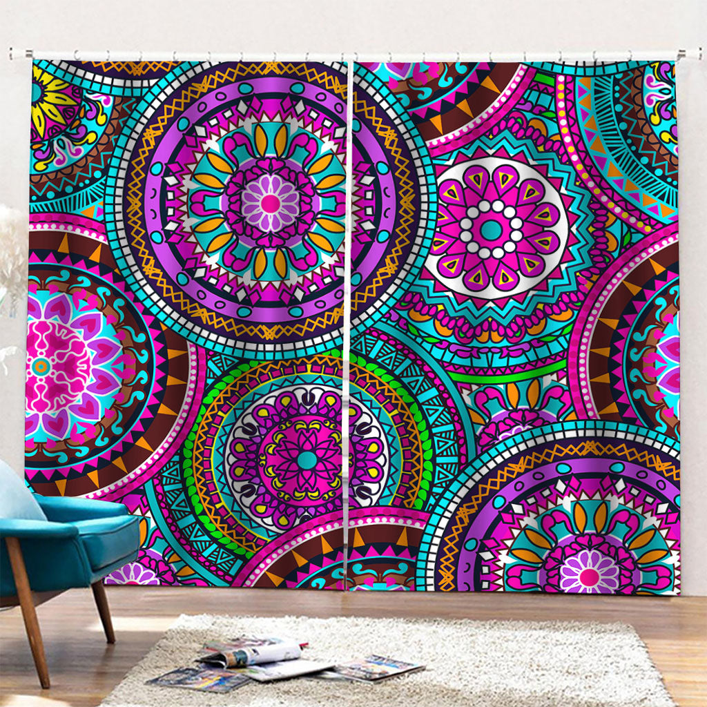 Purple Teal Circle Mandala Print Pencil Pleat Curtains