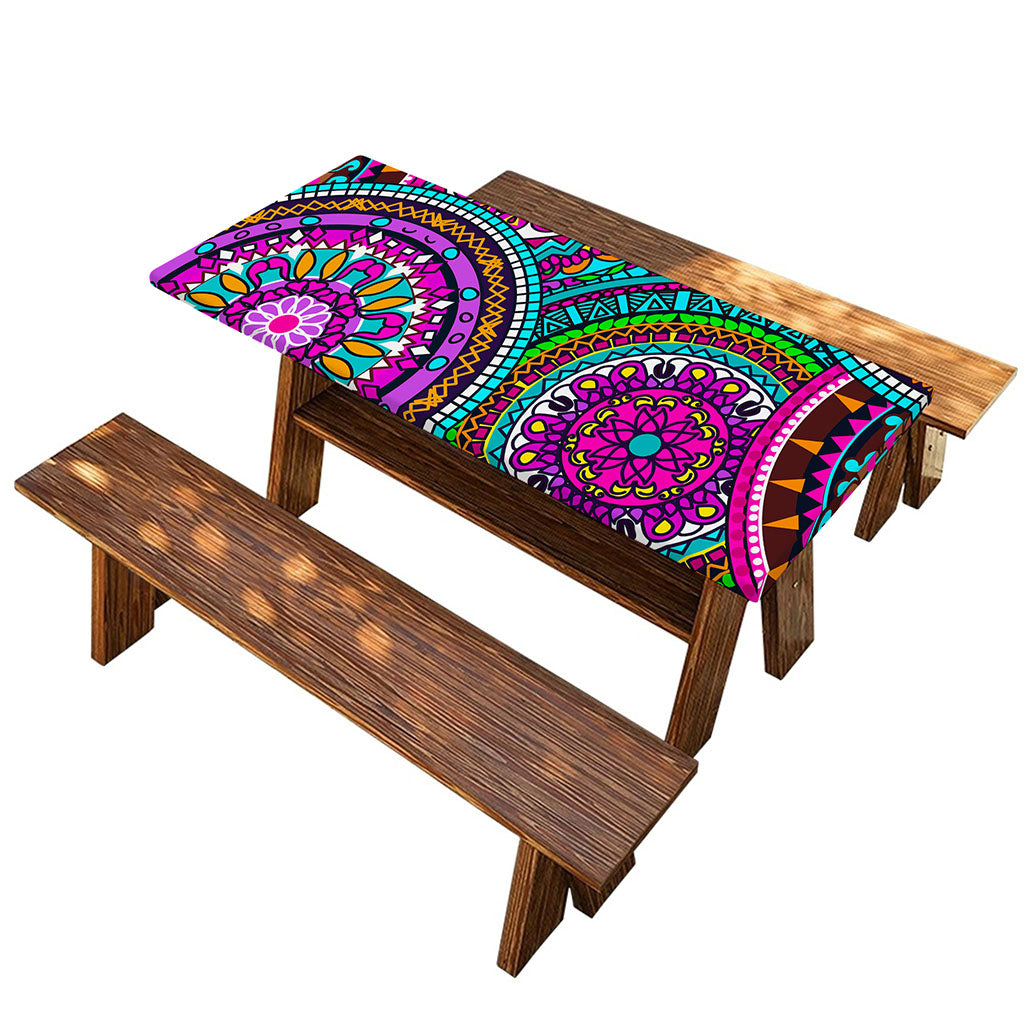 Purple Teal Circle Mandala Print Picnic Table Cover