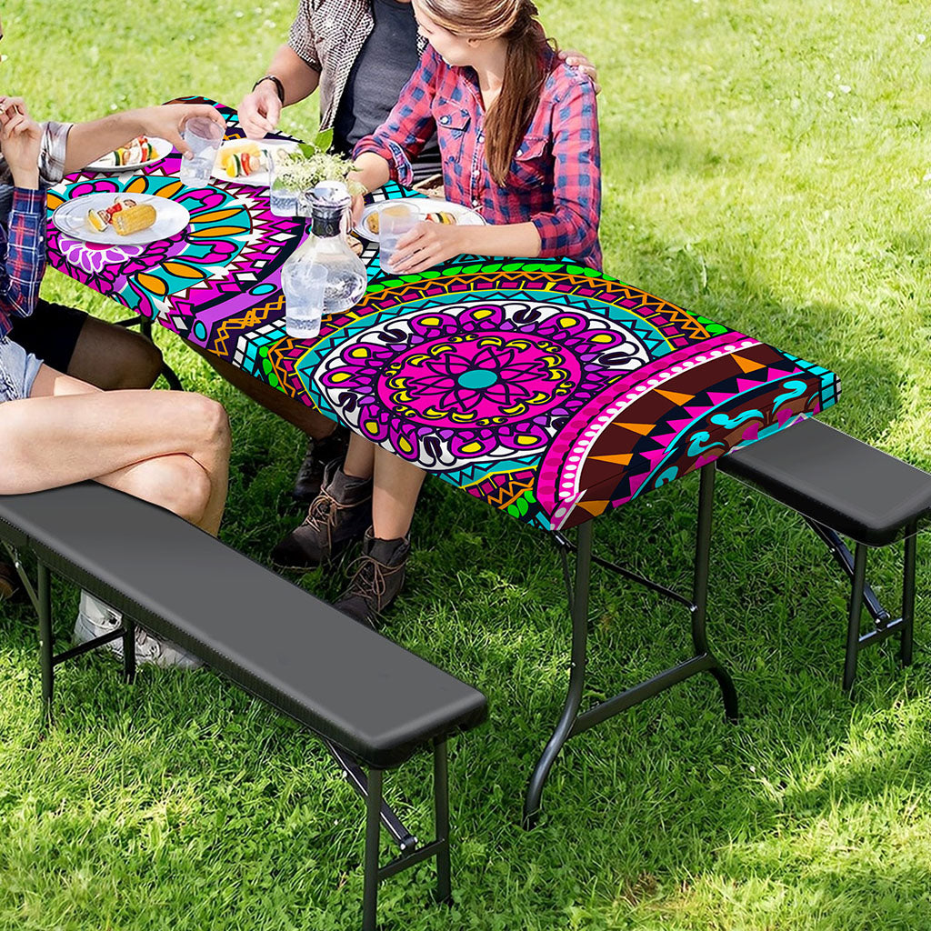 Purple Teal Circle Mandala Print Picnic Table Cover